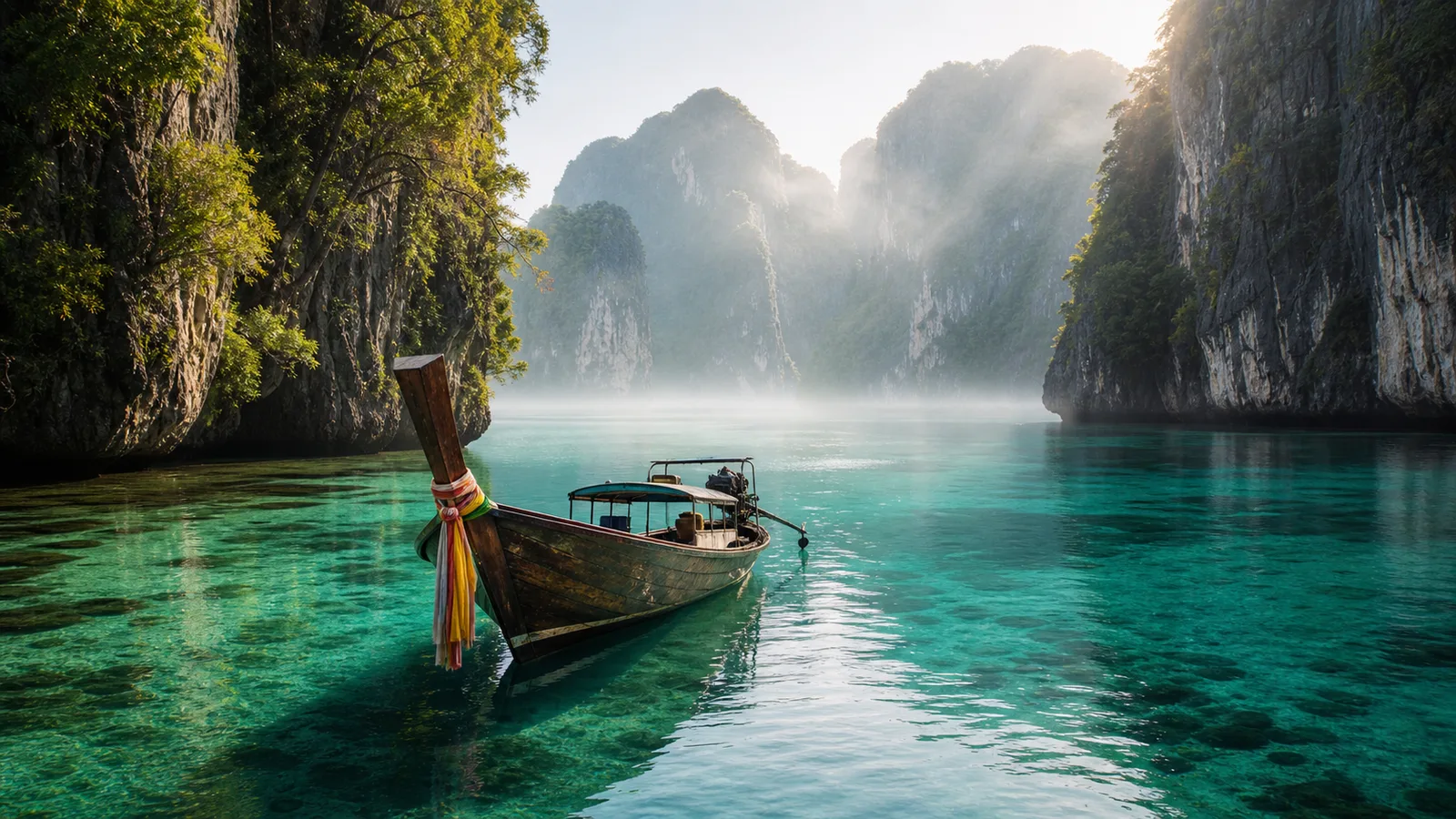 A traditional longtail boat in a turquoise Phi Phi lagoon